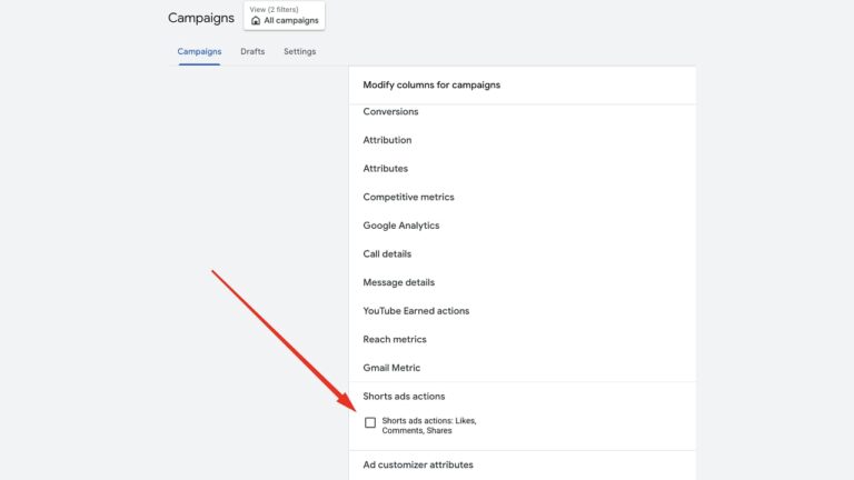Screenshot of Google Ads campaign columns menu showing the new Shorts ads actions option for tracking likes, comments, and shares on YouTube Shorts advertisements.