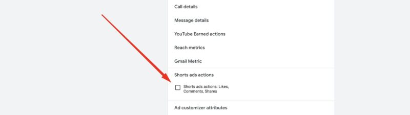 Screenshot of Google Ads campaign columns menu showing the new Shorts ads actions option for tracking likes, comments, and shares on YouTube Shorts advertisements.
