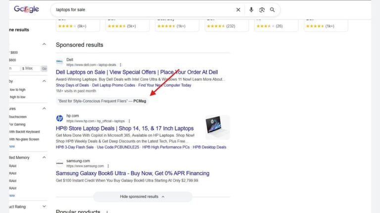 A Google search results page for "laptops for sale" showing sponsored results from Dell, HP, and Samsung. A red arrow points to the quote "Best for Style-Conscious Frequent Fliers" under the Dell ad.