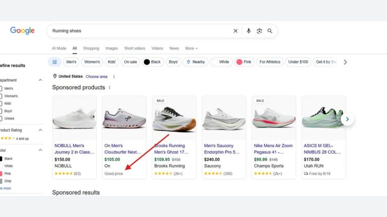 Google search results for "Running shoes" show a row of sponsored running shoe listings from brands like NOBULL, On, Brooks, Saucony, Nike, and ASICS, with prices, ratings, and images of each shoe.