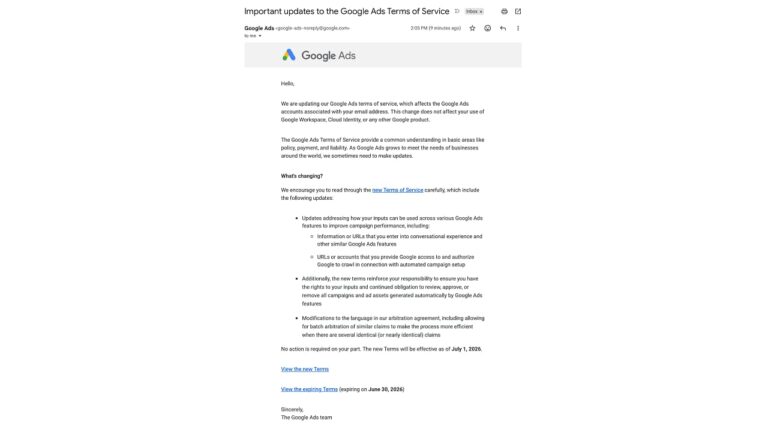 A Google Ads email outlines updates to its Terms of Service, including AI policy changes, clarification of guidelines, language modifications, and links to view the new terms. The email is addressed to Google Ads users.