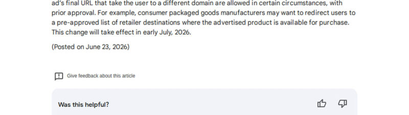 Screenshot of Google's June 2026 Destination Requirements Policy update announcing changes to destination mismatch rules for Google Ads redirects