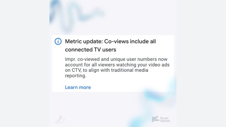 A notification states that co-views now include all connected TV users, updating how video ad viewers on CTV are counted to better match traditional media reporting. Ecom Nation logo appears at the bottom.