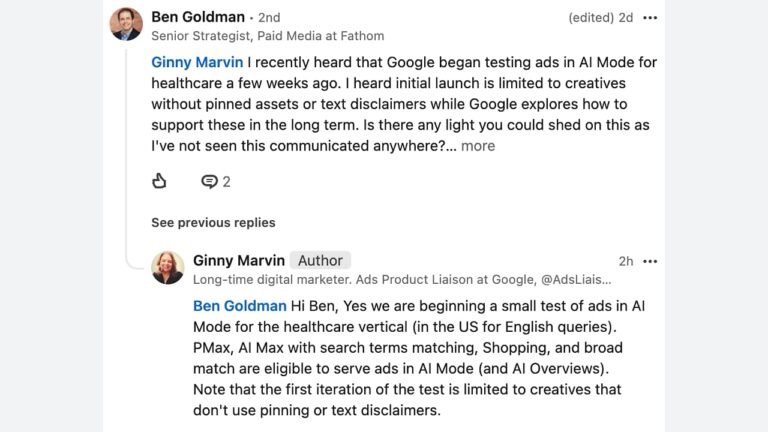 A LinkedIn conversation where Ben Goldman asks Ginny Marvin about Google testing healthcare ads in AI Mode. Ginny replies, confirming initial tests for healthcare ads in AI Mode, limited to creatives without pinning or text disclaimers.