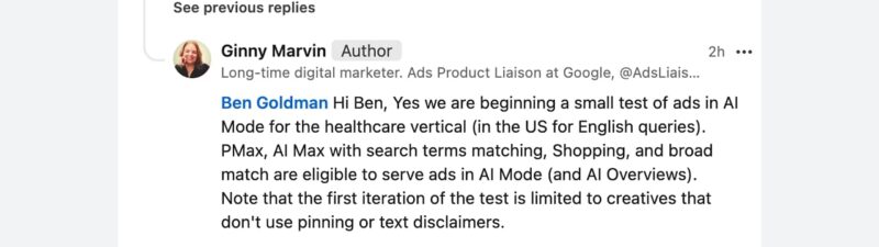 A LinkedIn conversation where Ben Goldman asks Ginny Marvin about Google testing healthcare ads in AI Mode. Ginny replies, confirming initial tests for healthcare ads in AI Mode, limited to creatives without pinning or text disclaimers.