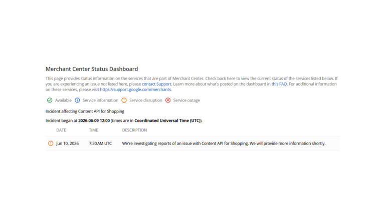 Screenshot of Google Merchant Center Status Dashboard showing an incident affecting Content API for Shopping that began June 9, 2026, with investigation status update from June 10, 2026.