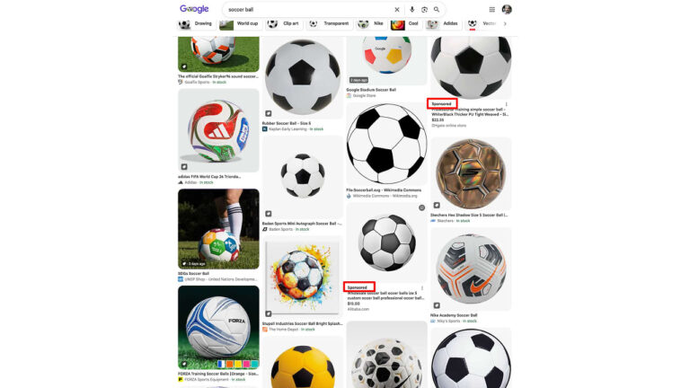 Google Images search results page for soccer ball showing a mix of organic image results and sponsored/paid listings with red boxes highlighting sponsored content.