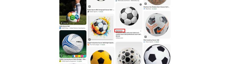 Google Images search results page for soccer ball showing a mix of organic image results and sponsored/paid listings with red boxes highlighting sponsored content.