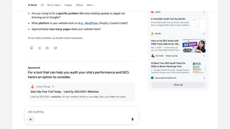 A Google search results page shows search results related to website audits and SEO. On the right, there are advertisements for SEO tools. At the bottom, a search box with "Ask anything" is visible.