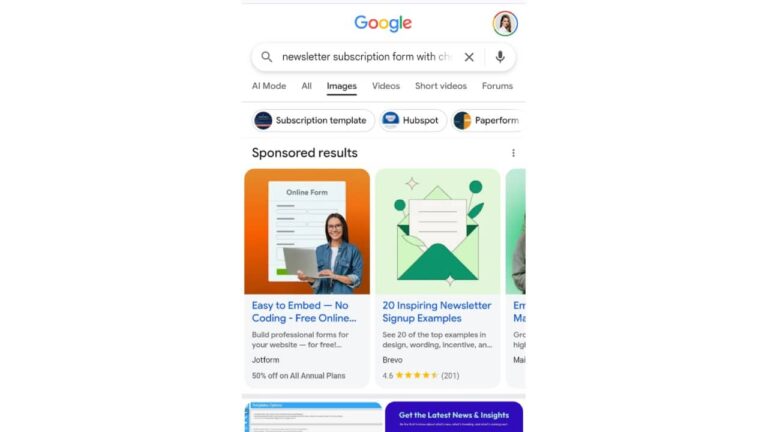 Google Search results page showing sponsored card carousel in Images tab featuring newsletter subscription form tools including Jotform, Brevo, and Mailchimp advertisements