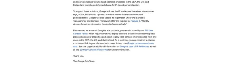 Screenshot of Google's official letter to customers announcing IP-based ad personalization rollout in EEA, UK, and Switzerland starting August 2026