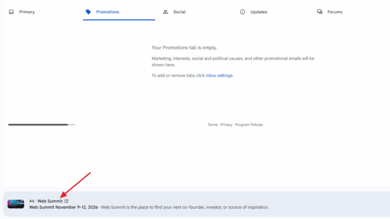 Gmail inbox Promotions tab showing empty state with Web Summit ad appearing at the bottom of the screen