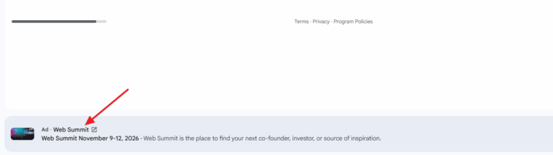 Gmail inbox Promotions tab showing empty state with Web Summit ad appearing at the bottom of the screen