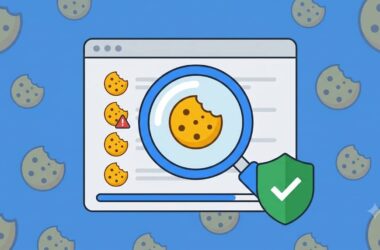 Flat vector illustration of a magnifying glass scanning cookies in a browser window with a green compliance checkmark shield
