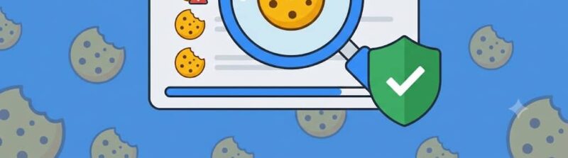 Flat vector illustration of a magnifying glass scanning cookies in a browser window with a green compliance checkmark shield