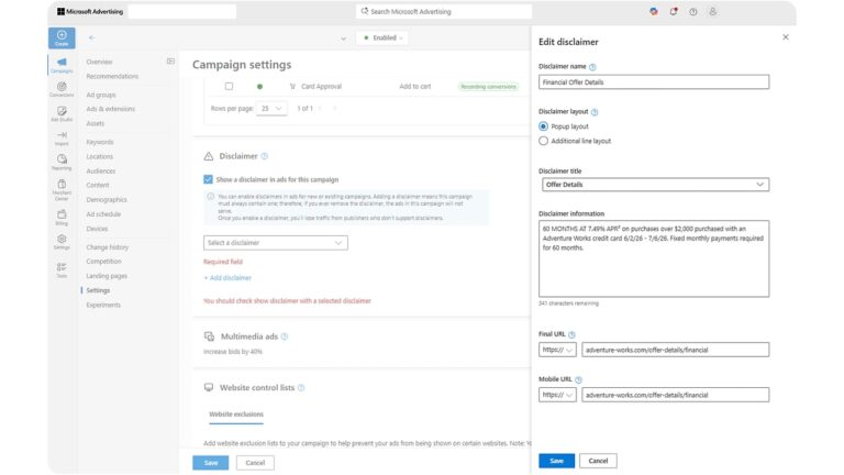Screenshot of a Microsoft Advertising interface showing Campaign settings on the left and an "Edit disclaimer" form on the right, where product disclaimers, layout, and URLs are being updated for financial ads.