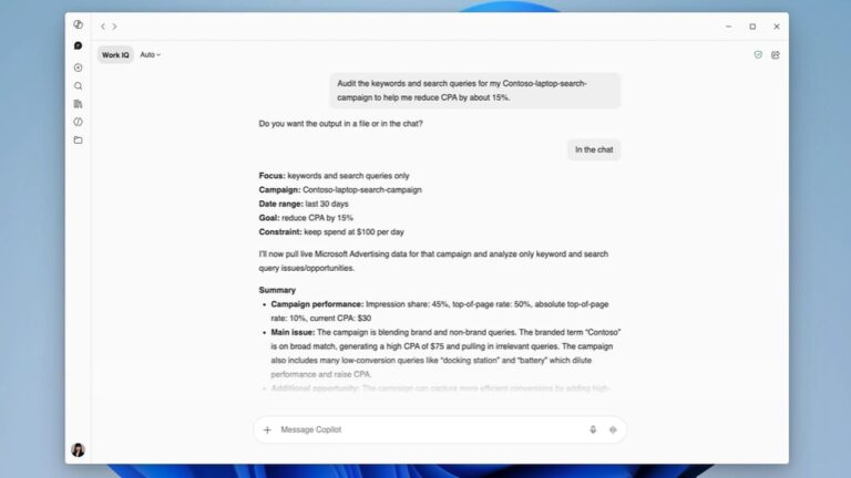 Screenshot of a Work IQ chat interface showing a Microsoft Advertising campaign analysis for a Contoso laptop search campaign, displaying performance metrics, main issues with high CPA, and optimization recommendations.