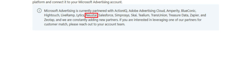 A screenshot of Microsoft Advertising's instructions on uploading Customer Match lists, highlighting a section that features partner companies like Neustar, ActionIQ, Salesforce, LiveRamp, and others for connecting customer data platforms.