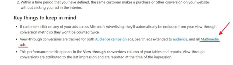 Screenshot of Microsoft Advertising documentation explaining view-through conversions, highlighting that the metric is now tracked for Audience campaign ads, Search ads extended to audience, and Multimedia ads.