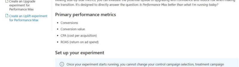 Screenshot of a webpage with instructions for creating an Upgrade experiment for Performance Max in Google Ads. It outlines available experiment types, key metrics like conversions, CPA, and ROAS, and notes limited experiment availability.