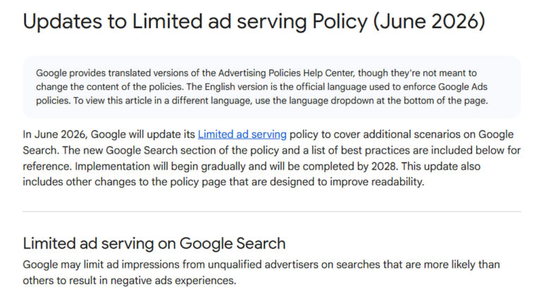 Screenshot of a Google policy update notice titled "Updates to Limited ad serving Policy (June 2026)", outlining important Ad Serving Updates and detailing upcoming changes to the Limited Ad Serving Policy in Google Ads.