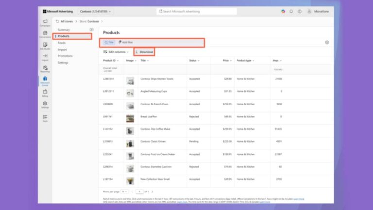 Screenshot of a Microsoft Advertising dashboard showing the Products section with a table of product listings. The "Edit columns" and "Download" buttons are highlighted at the top of the table.