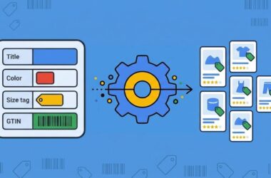 A graphic shows a chart with fields for title, color, size, and barcode on the left, a gear icon in the center, and product listings with images and price tags on the right, illustrating feed optimization for Google Ads Performance Max campaigns.