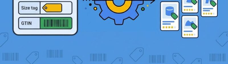A graphic shows a chart with fields for title, color, size, and barcode on the left, a gear icon in the center, and product listings with images and price tags on the right, illustrating feed optimization for Google Ads Performance Max campaigns.