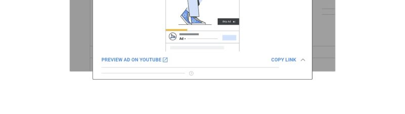A preview dialog showing a YouTube Shorts ad with an illustration of a shoe, displaying the ad preview interface with options to view on YouTube or copy the link.