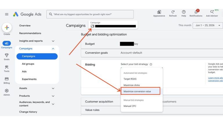 Screenshot of a Google Ads campaign settings page showing the selection of the "Maximize conversion value" bidding strategy from a dropdown menu, with arrows highlighting the relevant options and fields.