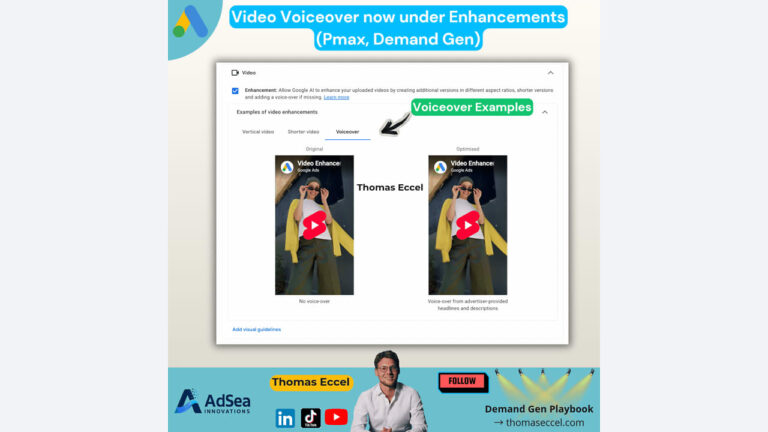 A screenshot demonstrates Google's video enhancements feature, specifically voiceover options, with example videos. The image includes branding for AdSea Innovations, Thomas Eccel, and a "Demand Gen Playbook" banner.