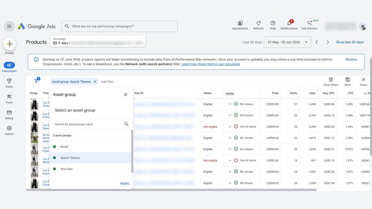 Google Ads dashboard showing campaign performance data in a table. A dropdown menu is open to select an asset group, with options like Brand, Search Themes, and Your Data. Date range and campaign filters are visible.