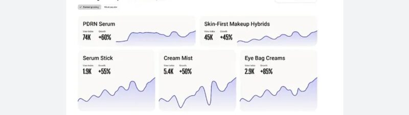 Screenshot of YouTube Insights Finder tool showing top skincare content and trending sub-topics in the USA, displaying video thumbnails and growth metrics for popular skincare products like PDRN serum and skin-first makeup hybrids.