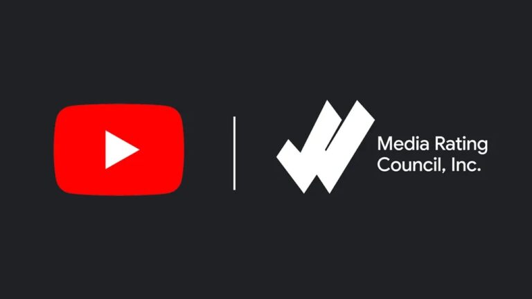 YouTube logo next to the Media Rating Council, Inc. logo on a dark background, separated by a vertical line, highlighting Industry First MRC Accreditation for YouTube Shorts.