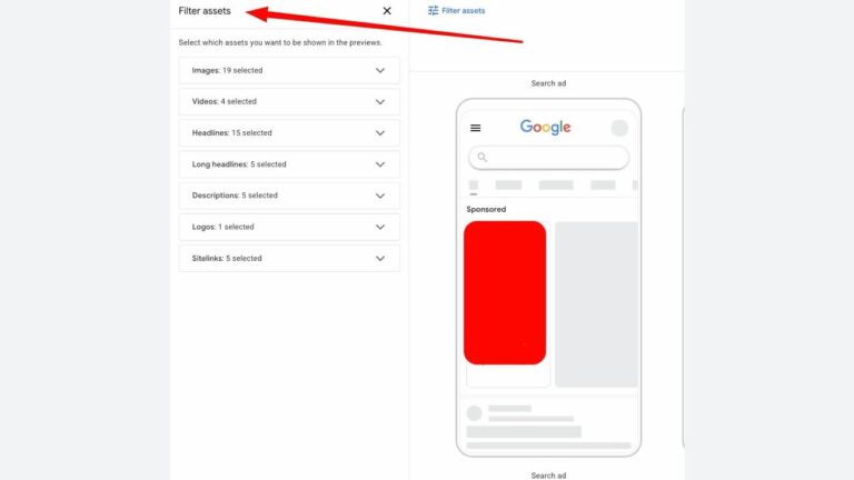 Screenshot of a Google Ads interface with a red arrow pointing to “Filter assets.” Asset types like images, videos, and headlines are listed on the left, and a sample Google search ad preview appears on the right.