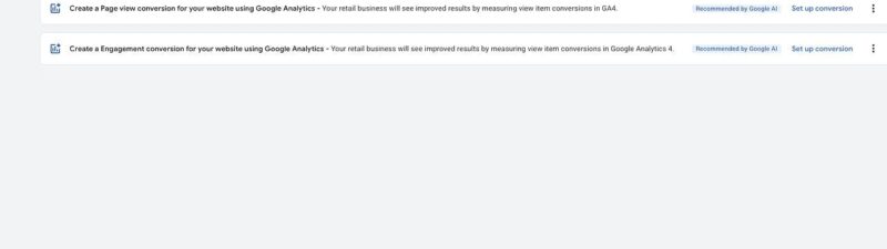 Google Analytics dashboard showing recommendations to create Page view and Engagement conversions for improved measurement, each with “Set up conversion” and “Recommended by Google” buttons.
