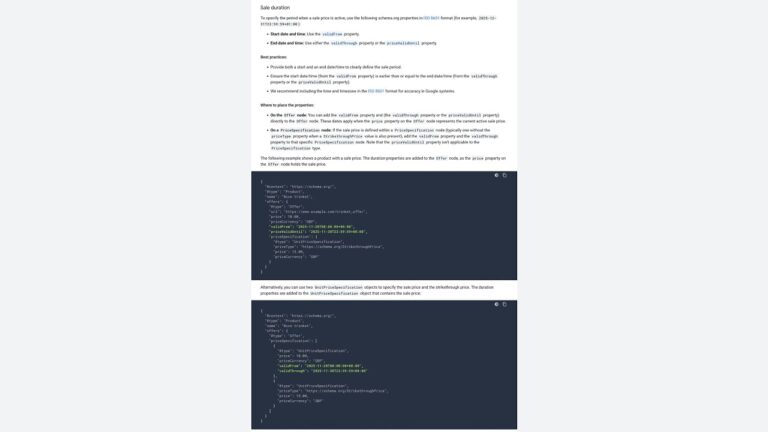 Screenshot of a guide showing how to specify a product's sale duration using ISO 8601 format, with code examples, key instructions, and best practices in a highlighted and bulleted layout.