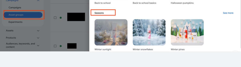 A webpage shows theme options for text and images, including "Cultural moments & holidays" and "Seasons," with previews like school supplies and holiday decorations. The left menu highlights "Asset groups.