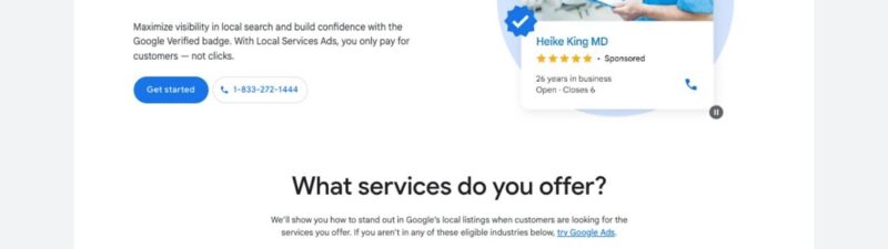 A website page promoting dental clinic services features a blue “Get started” button, a card with a male dentist, and an arrow highlighting a banner about a $200,000 credit offer at the top.