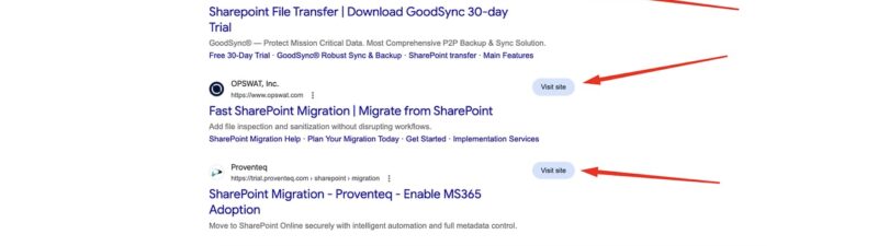 Google Search results page showing sponsored ads for SharePoint migration services with blue "Visit site" buttons highlighted by red arrows pointing to each call-to-action button.