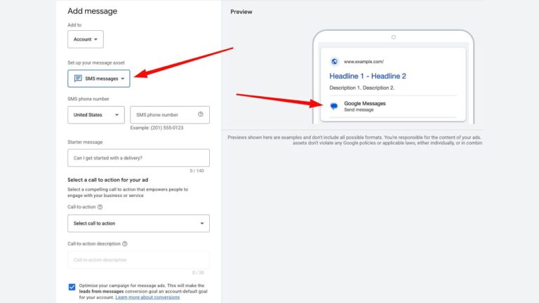 Google Ads interface showing SMS message setup. The left panel has message asset options and call-to-action fields, while the right preview displays an example ad with a button labeled "Google Messages.