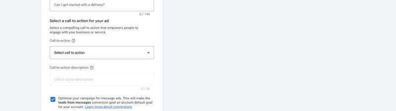 Google Ads interface showing SMS message setup. The left panel has message asset options and call-to-action fields, while the right preview displays an example ad with a button labeled "Google Messages.