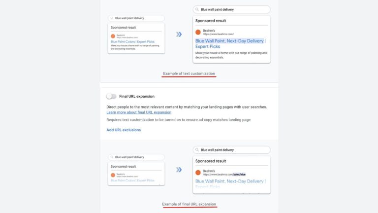 Two diagrams show Google ad examples. The first highlights customized ad text; the second shows a dynamic final URL matching the user’s search. Both illustrate how ads can be tailored for relevance.