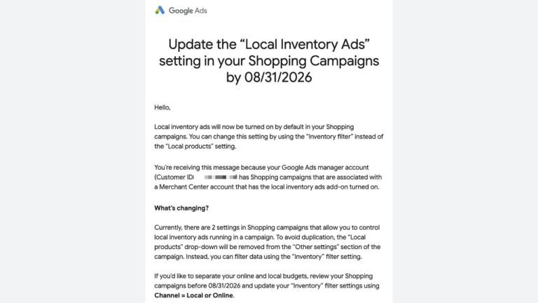 A Google Ads email about "Local Inventory Ads" being enabled by default in Shopping campaigns by 08/31/2026, with details about the change and steps for reviewing campaign settings.