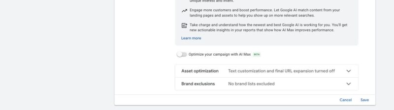 Screenshot of a Google Ads dashboard showing the AI Max for Shopping campaigns setup, with an arrow pointing to the campaign section. Text and settings about AI-powered performance are visible.