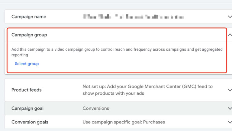 Google Ads campaign group settings showing options to control reach and frequency across video campaigns with highlighted selection interface