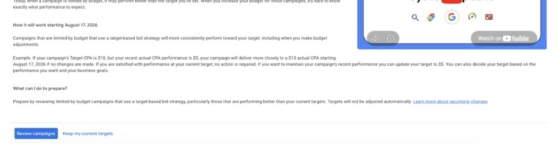 A webpage announcing Google Ads Bidding Update for campaigns limited by budget. A highlighted Notification section features a "Upcoming Bidding System Update" video with a play button, plus informational text and action buttons.