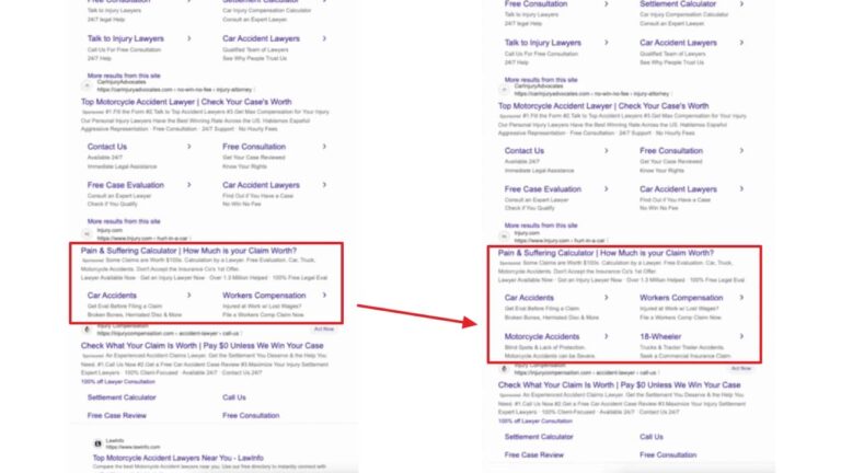 Search engine results page showing Bing ads with pop-out ad feature displaying injury lawyer and accident claim settlement advertisements