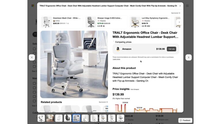 Screenshot of a Bing shopping search results page displaying a TRALT Ergonomic Office Chair with an overlay showing product details, pricing information from Amazon at $139.99, and a price comparison chart, demonstrating Bing's product detail overlay feature for shopping results.