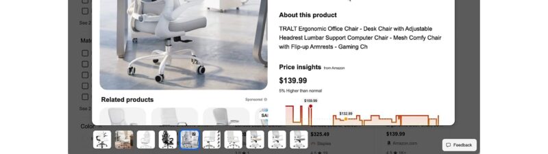 Screenshot of a Bing shopping search results page displaying a TRALT Ergonomic Office Chair with an overlay showing product details, pricing information from Amazon at $139.99, and a price comparison chart, demonstrating Bing's product detail overlay feature for shopping results.